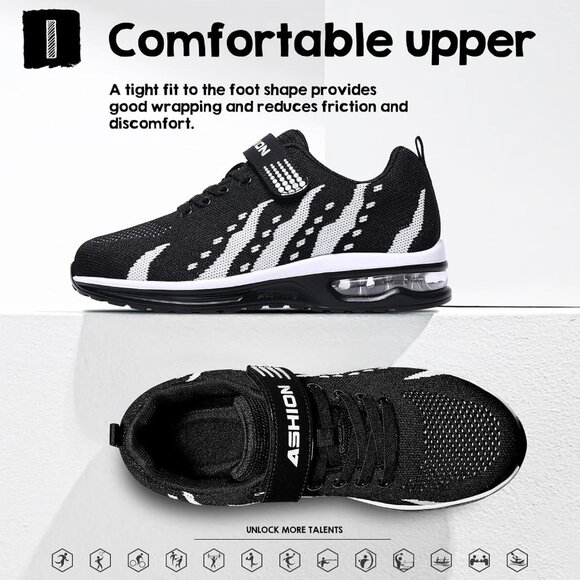 Kids 3208-black White Running Breathable Lightweight NonSlip Comfortable Sneaker - Picture 2 of 7